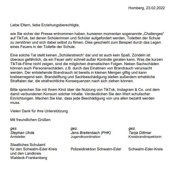 Brief Staatlichs Schulamt Tik Tok Challenges