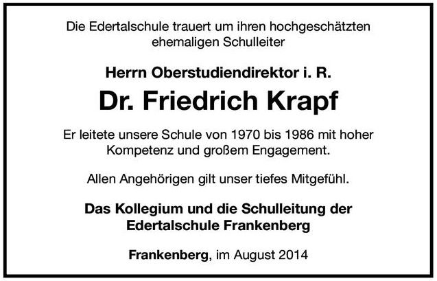 Nachruf ETS OStD a.D. Dr. Krapf Quelle: HNA